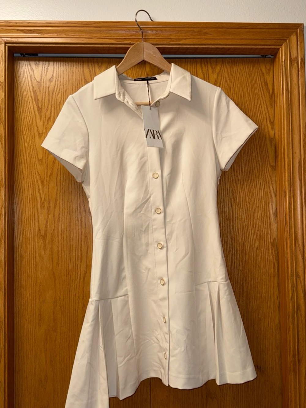 Zara Cream Short-Sleeve Button-Front Mini Dress